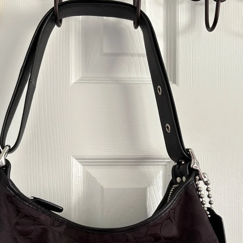 Coach Black Logo Fabric & Leather Shoulder Bag Adjustable Strap Zip Pockets